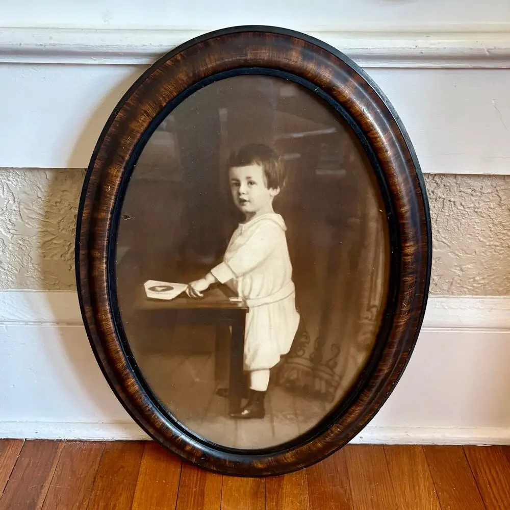 Antique Oval Child Portrait Tiger Oak Frame Sepia Photo 22.5